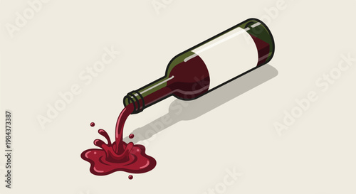 Red liquid spills from an overturned bottle with a blank label