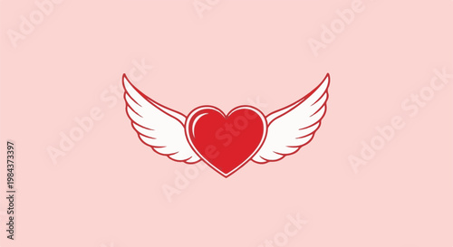 Red heart with white wings on a pink background