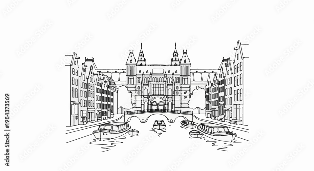 Obraz premium Sketch of a canal with boats and historic buildings under a bridge