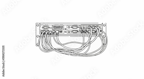 Rear view of a network rack unit with various cables connected to ports