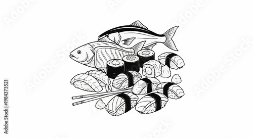 Realistic black and white drawing of fresh fish and assorted sushi pieces