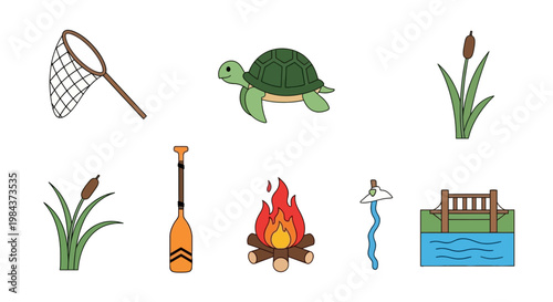 Set of Nature and Outdoor Elements with Camping and Wildlife Symbols