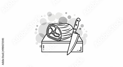 Raw meat slice on cutting board with chef's knife, abstract dots