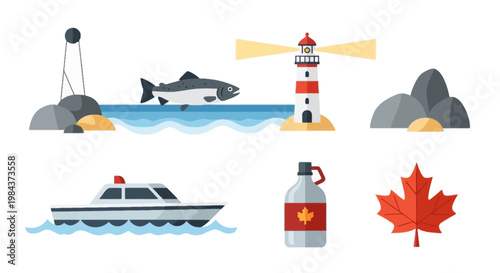 Scenic Coastal Maritime Scene with Boat, Lighthouse, and Natural Elements