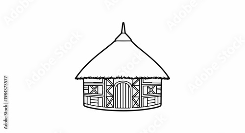 Simple line drawing of a circular thatched hut with a wooden door