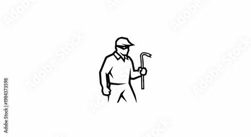 Silhouette of a masked person holding a crowbar, ready to break in