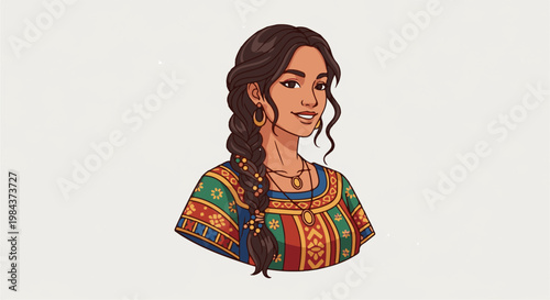 Portrait of a smiling woman with dark braided hair, gold earrings, and colorful tunic