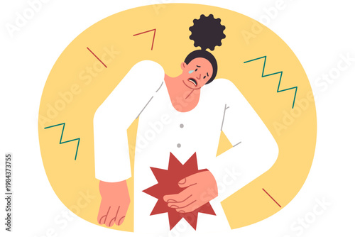 Woman feels symptoms appendicitis and needs urgent medical examination, crying clutching stomach