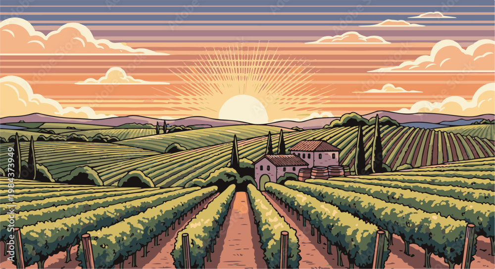 Naklejka premium Pixelated sunset over rolling vineyards with traditional farmhouses