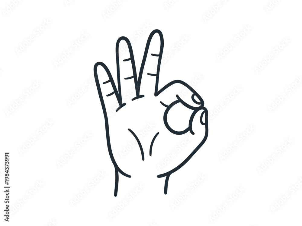 Obraz premium OK hand sign gesture: hand-drawn minimalist doodle illustration, modern cartoon vector icon