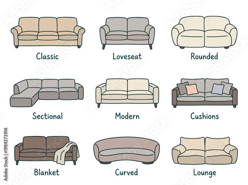 Cozy sofa illustration set: nine hand-drawn minimalist furniture icons for interior design layout