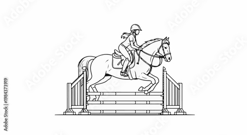 Rider on horseback leaping over a jump during a competition