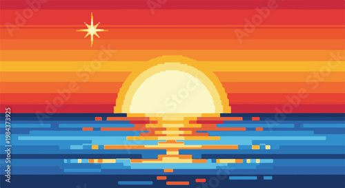 Pixelated sunset over tranquil ocean waters with a bright star
