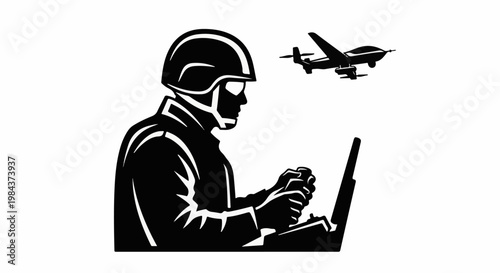 Silhouette of a person in a helmet controlling a drone