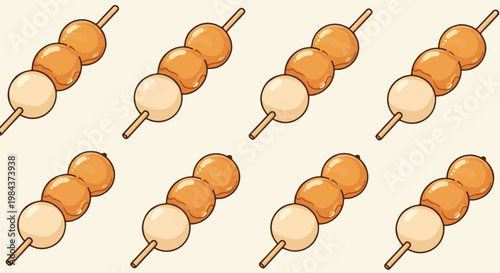 Pixelated skewers with three round sweets each, arranged in a repeating pattern