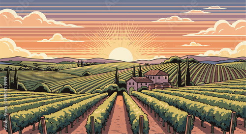 Pixelated sunset over rolling vineyards with traditional farmhouses