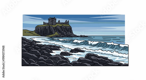 Pixelated seaside view of a castle on a cliff overlooking rocky shores and waves