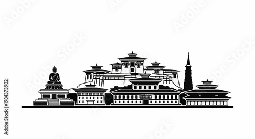 Silhouette of a seated Buddha statue and traditional Asian architecture