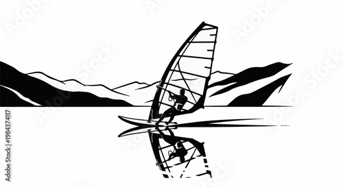 Silhouette of a windsurfer on a calm body of water with mountains