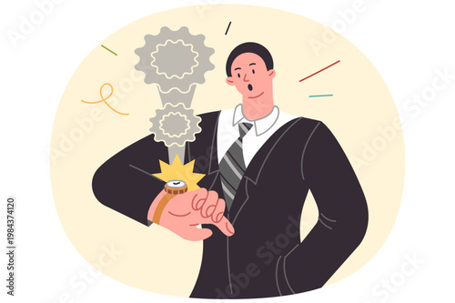 Shocked businessman learns about deadline and looks at wristwatch, needing help to complete task