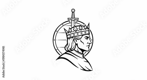Regal profile of a king wearing a crown, with shield and sword