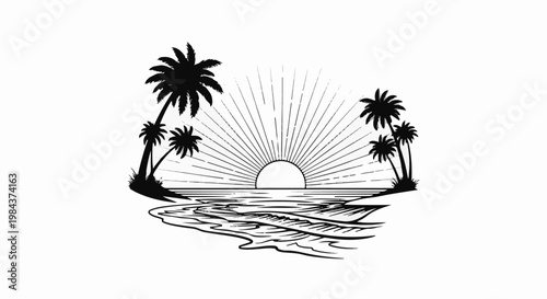 Silhouette of palm trees on a tropical beach at sunrise with ocean waves