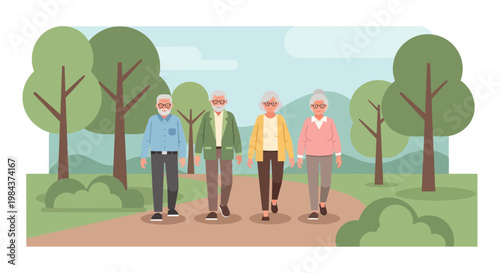 Four happy senior citizens enjoy a leisurely walk through a beautiful green park, embracing a healthy and active lifestyle with companionship outdoors.