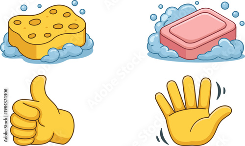 Cartoon Cleaning and Hygiene Icon Set Featuring Sponge Soap Hand Gesture and Washing Symbols for Household Sanitation and Daily Care Design