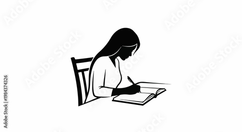 Silhouette of a woman writing in a book while seated at a table