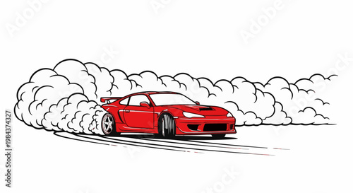 Red sports car drifting, creating clouds of smoke and tire tracks