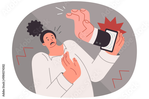 Telephone operator hand protrudes from smartphone, scaring girl who was about to answer call