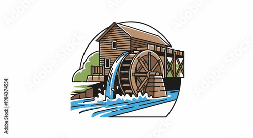 Rustic wooden mill with a large water wheel powered by a flowing stream