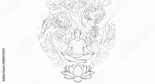 Serene person meditates under a tree with dragon and phoenix
