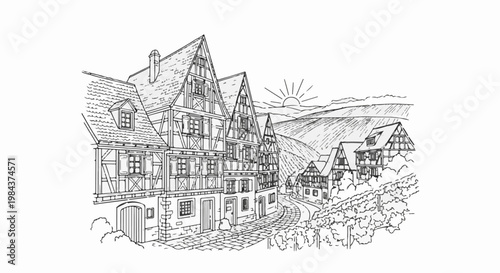 Sketch of a cobblestone street lined with traditional half-timbered houses under a rising sun