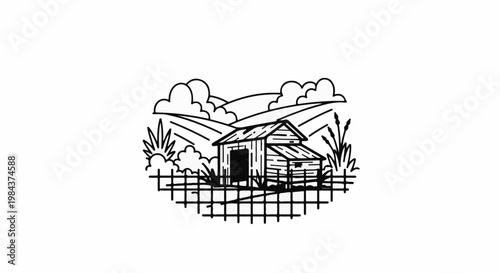 Rustic wooden shed on rolling hills with fluffy clouds above