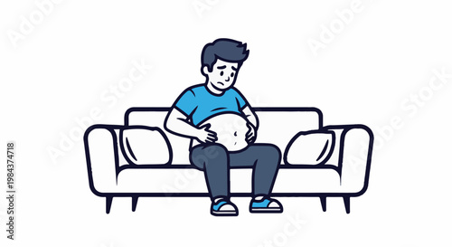 Sad, overweight man sits on sofa holding his belly
