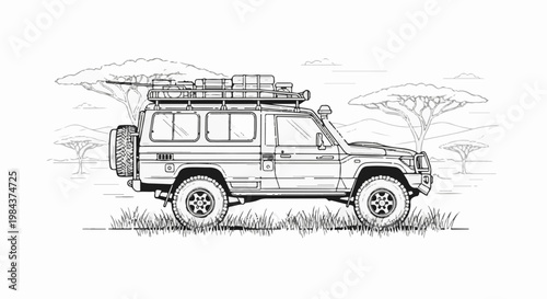 Safari vehicle parked in grassy savanna with acacia trees