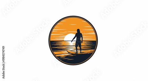 Silhouette of person paddleboarding at sunset on water with waves