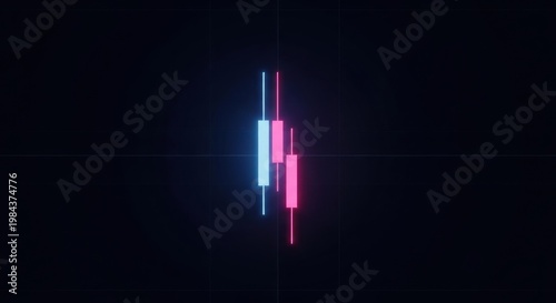 Glowing blue and red candlestick chart representing financial market trading data with upward and downward trends against a dark minimalist background symbolizing investment