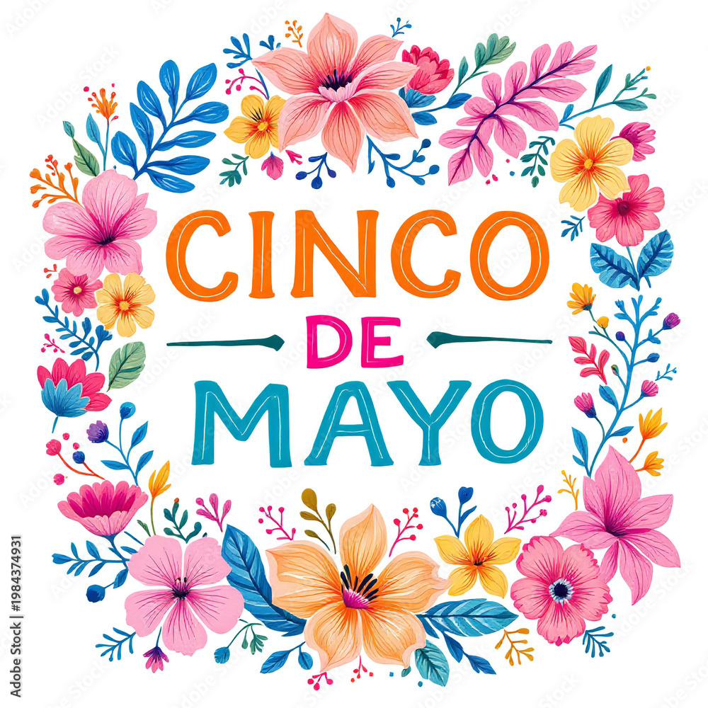 Obraz premium Colorful Cinco de Mayo celebration text with vibrant flowers isolated on transparent background