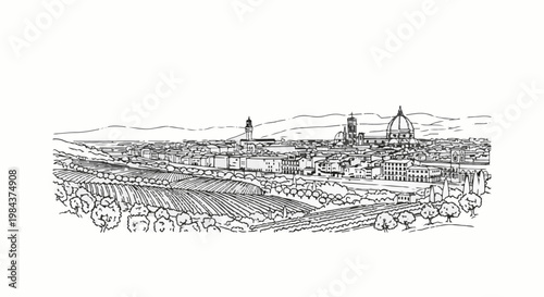 Sketch of a European city skyline with vineyards and rolling hills in the foreground