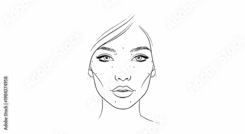 Sketch of a female face with dotted guidelines for makeup application