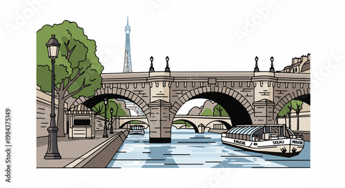 River scene with a large stone bridge, boat, and iconic tower in background