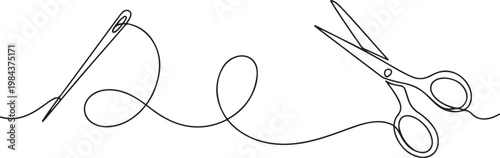 continuous line of needle, thread and scissors.one line drawing of clothing sewing equipment. one line Icon drawing