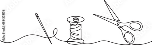 continuous line of needle, thread and scissors.one line drawing of clothing sewing equipment. one line Icon drawing