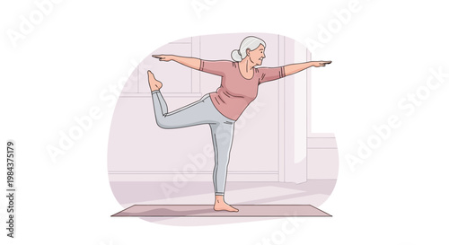 A graceful senior woman with grey hair practices a challenging yoga balance pose on a mat, promoting health, flexibility, and peaceful mindfulness.