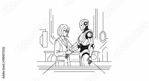 Scientist shakes hands with a futuristic robot in a lab