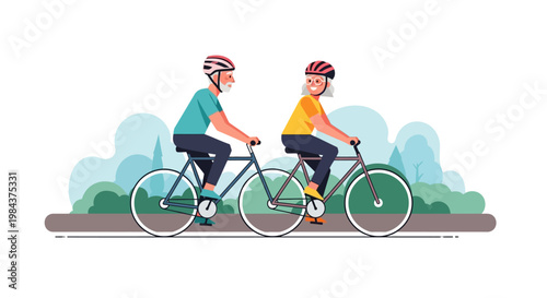 A cheerful senior couple enjoys a healthy outdoor activity, cycling together on their bicycles, demonstrating an active and vibrant retirement lifestyle.