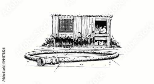 Rustic chicken coop with a coiled hose in the foreground