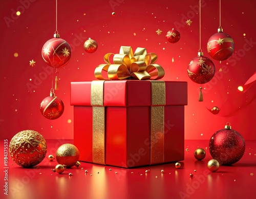 Festive red gift box with gold ribbon and ornaments